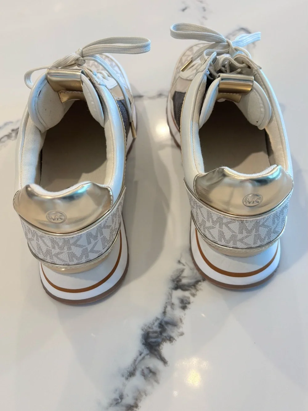 Michael Kors Cream, Brown and Gold Logo Platform Sneaker